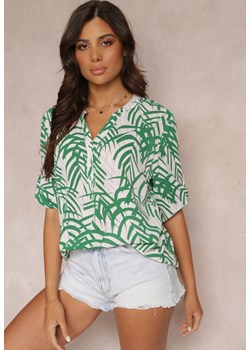 Zielona Bluzka z Podpinanymi Rękawami o Roślinnym Wzorze Azira ze sklepu Renee odzież w kategorii Bluzki damskie - zdjęcie 157592824