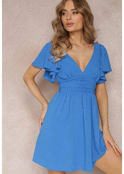 Niebieska Rozkloszowana Sukienka Mini z Kopertowym Dekoltem i Marszczeniem w Talii Bellasta ze sklepu Renee odzież w kategorii Sukienki - zdjęcie 157593034