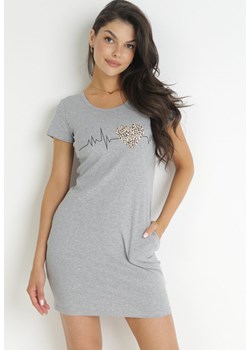 Szara Dopasowana Sukienka T-shirtowa z Nadrukiem i Kieszeniami Asala ze sklepu Born2be Odzież w kategorii Sukienki - zdjęcie 157593263