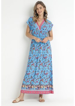 Niebieska Kopertowa Sukienka Maxi z Gumką w Pasie we Wzór Paisley Anitte ze sklepu Born2be Odzież w kategorii Sukienki - zdjęcie 157593423