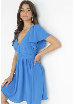 Niebieska Sukienka Mini z Marszczeniem w Pasie i Ozdobnymi Rękawami Keiretta ze sklepu Born2be Odzież w kategorii Sukienki - zdjęcie 157593433