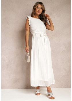 Biała Plisowana Sukienka z Wiązanym Paskiem i Falbankami Camita ze sklepu Renee odzież w kategorii Sukienki - zdjęcie 157604222