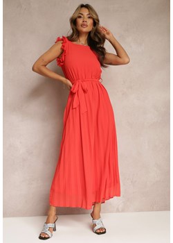 Czerwona Plisowana Sukienka z Wiązanym Paskiem i Falbankami Camita ze sklepu Renee odzież w kategorii Sukienki - zdjęcie 157604232