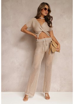 Beżowe Szerokie Spodnie z Ażurowej Tkaniny z Błyszczącą Nitką Muiel ze sklepu Renee odzież w kategorii Spodnie damskie - zdjęcie 157604372