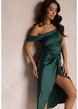 Zielona Satynowa Sukienka o Asymetrycznym Fasonie z Marszczeniem Nermar ze sklepu Renee odzież w kategorii Sukienki - zdjęcie 157611691