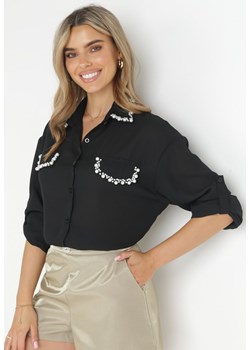 Czarna Koszula z Podpinanymi Rękawami i Perełkami Dorval ze sklepu Born2be Odzież w kategorii Koszule damskie - zdjęcie 157612024