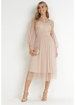 Beżowa Rozkloszowana Sukienka Tiulową z Koronką Llaudia ze sklepu Born2be Odzież w kategorii Sukienki - zdjęcie 157612094