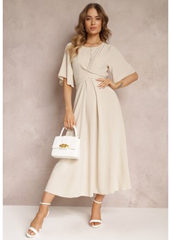 Beżowa Rozkloszowana Sukienka Maxi z Szerokim Rękawem i Gumką w Pasie Sador ze sklepu Renee odzież w kategorii Sukienki - zdjęcie 157628860