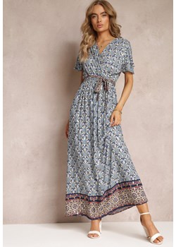 Niebieska Sukienka Maxi z Paskiem i Gumką w Talii w Ornamentalny Wzór Calvim ze sklepu Renee odzież w kategorii Sukienki - zdjęcie 157630583