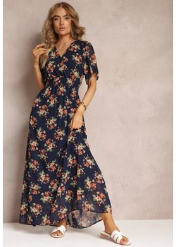 Granatowa Sukienka Maxi w Kwiaty z Gumką w Pasie Arcia ze sklepu Renee odzież w kategorii Sukienki - zdjęcie 157630593