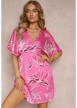 Różowa Sukienka Mini Nietoperz z Gumką w Talii i Głębokim Dekoltem Victona ze sklepu Renee odzież w kategorii Sukienki - zdjęcie 157630623