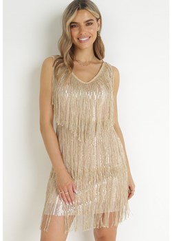 Beżowo-Złota Sukienka Mini z Cekinami i Frędzlami Alyra ze sklepu Born2be Odzież w kategorii Sukienki - zdjęcie 157630854
