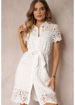 Biała Ażurowa Sukienka Koszulowa Wiązana w Pasie Lonnija ze sklepu Renee odzież w kategorii Sukienki - zdjęcie 157645581
