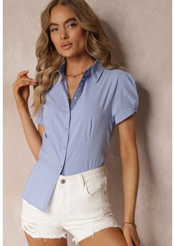 Jasnoniebieska Gładka Koszula z Krótkimi Rękawami i Kołnierzem Hollitta ze sklepu Renee odzież w kategorii Koszule damskie - zdjęcie 157645641