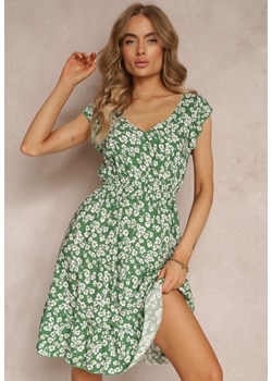 Zielona Letnia Sukienka w Kwiaty z Bawełny z Gumką w Pasie Anisia ze sklepu Renee odzież w kategorii Sukienki - zdjęcie 157645741
