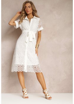 Biała Koronkowa Sukienka Koszulowa z Krótkim Rękawem i Wiązanym Paskiem Noralia ze sklepu Renee odzież w kategorii Sukienki - zdjęcie 158457904