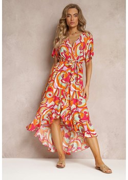 Pomarańczowa Wzorzysta Sukienka Midi z Gumką w Talii z Wiskozy Angelett ze sklepu Renee odzież w kategorii Sukienki - zdjęcie 158458102
