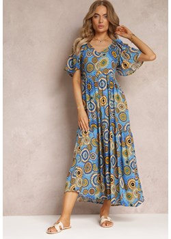Niebieska Wiskozowa Sukienka Maxi w Kwiaty z Rozkloszowanym Dołem i Falbanką Pathna ze sklepu Renee odzież w kategorii Sukienki - zdjęcie 158458232