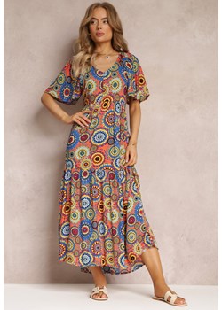 Pomarańczowo-Niebieska Wiskozowa Sukienka Maxi w Kwiaty z Rozkloszowanym Dołem i Falbanką Pathna ze sklepu Renee odzież w kategorii Sukienki - zdjęcie 158458242