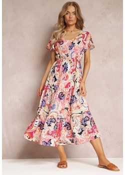 Ciemnoróżowa Rozkloszowana Sukienka Midi z Krótkimi Rękawami z Wiskozy Furri ze sklepu Renee odzież w kategorii Sukienki - zdjęcie 158458282