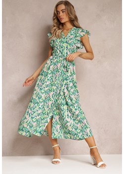 Zielona Rozkloszowana Sukienka Maxi z Metaliczną Nitką i Szerokim Paskiem Xisa ze sklepu Renee odzież w kategorii Sukienki - zdjęcie 158463662
