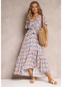 Niebieska Sukienka z Wiskozy i Kopertowym Dekoltem w Fantazyjny Print Abai ze sklepu Renee odzież w kategorii Sukienki - zdjęcie 158463712