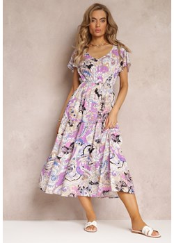Fioletowa Rozkloszowana Sukienka Midi z Krótkimi Rękawami z Wiskozy Furri ze sklepu Renee odzież w kategorii Sukienki - zdjęcie 158463732