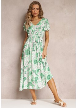 Zielona Sukienka z Wiskozy w Kwiaty z Wiązanym Paskiem Malore ze sklepu Renee odzież w kategorii Sukienki - zdjęcie 158463752