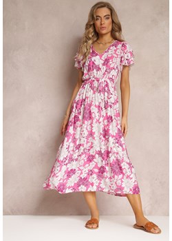 Różowa Sukienka z Wiskozy w Kwiaty z Wiązanym Paskiem Malore ze sklepu Renee odzież w kategorii Sukienki - zdjęcie 158463762