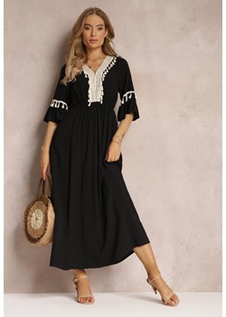 Czarna Sukienka Maxi z Gumką w Talii z Ozdobnymi Chwostami z Wiskozy Zisel ze sklepu Renee odzież w kategorii Sukienki - zdjęcie 158475220