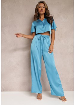 Niebieskie Szerokie Spodnie z Gumką w Talii z Satynowej Tkaniny Fihotin ze sklepu Renee odzież w kategorii Spodnie damskie - zdjęcie 158827452