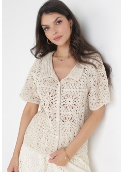 Beżowa Bawełniana Koszula z Ażurowej Tkaniny Yanagi ze sklepu Born2be Odzież w kategorii Koszule damskie - zdjęcie 158966370