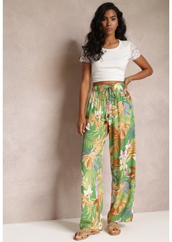 Zielone Szerokie Spodnie w Kwiaty z Gumką w Pasie Alaysa ze sklepu Renee odzież w kategorii Spodnie damskie - zdjęcie 159000100