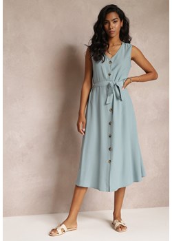 Jasnoniebieska Trapezowa Sukienka Midi bez Rękawów z Wiązanym Paskiem Ajana ze sklepu Renee odzież w kategorii Sukienki - zdjęcie 159000130