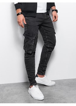 Jeansowe spodnie cargo SLIM FIT z efektem wybielania – czarne V2 OM-PADP-0176 ze sklepu ombre w kategorii Spodnie męskie - zdjęcie 159001813