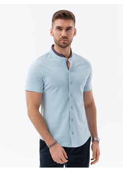 Koszula męska dzianinowa z krótkim rękawem - błękitna V3 K543 ze sklepu ombre w kategorii Koszule męskie - zdjęcie 159003671