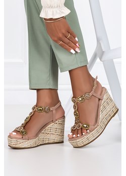 Beżowe sandały skórzane damskie espadryle na koturnie z kryształkami PRODUKT POLSKI Casu 2490 ze sklepu Casu.pl w kategorii Espadryle damskie - zdjęcie 159047981