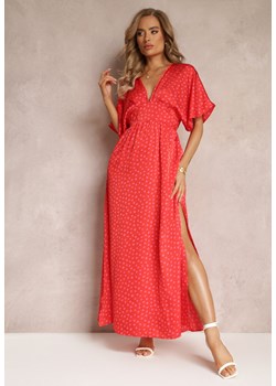 Czerwona Rozkloszowana Sukienka Maxi w Kropki z Głębokim Dekoltem Sallo ze sklepu Renee odzież w kategorii Sukienki - zdjęcie 159071334