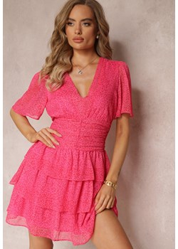 Różowa Sukienka Mini z Falbankami i Marszczeniem w Talii Kraisa ze sklepu Renee odzież w kategorii Sukienki - zdjęcie 159096572