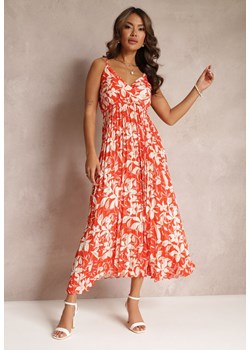 Pomarańczowa Kwiecista Sukienka Maxi z Plisowanym Dołem i Gumką w Talii Xinne ze sklepu Renee odzież w kategorii Sukienki - zdjęcie 159096712