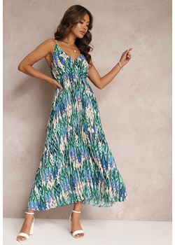 Zielona Plisowana Sukienka Maxi z Gumką w Talii i Kopertowym Dekoltem Iralle ze sklepu Renee odzież w kategorii Sukienki - zdjęcie 159096742