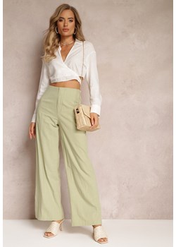 Miętowe Szerokie Spodnie z Wysokim Stanem z Bawełny Henve ze sklepu Renee odzież w kategorii Spodnie damskie - zdjęcie 159096982