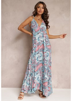Niebieska Rozkloszowana Sukienka z Wiskozy i Wiązaniem z Tyłu Lanita ze sklepu Renee odzież w kategorii Sukienki - zdjęcie 159100940