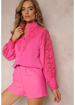 Różowa Koronkowa Koszula ze Stójką Begone ze sklepu Renee odzież w kategorii Koszule damskie - zdjęcie 159100950