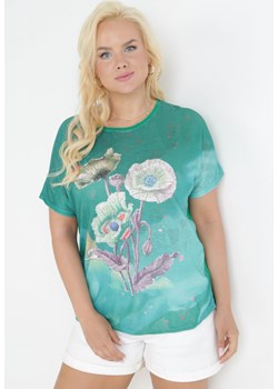 Zielony Bawełniany T-shirt z Błyszczącym Nadrukiem Aseda ze sklepu Born2be Odzież w kategorii Bluzki damskie - zdjęcie 159122274