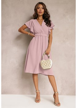 Różowa Rozkloszowana Sukienka z Paskiem i Kopertowym Dekoltem Brinea ze sklepu Renee odzież w kategorii Sukienki - zdjęcie 159124994
