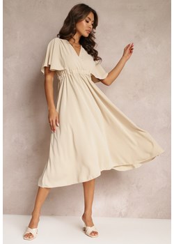 Beżowa Sukienka z Gumką w Talii Krótkim Rękawem i Kopertowym Dekoltem Kelila ze sklepu Renee odzież w kategorii Sukienki - zdjęcie 159129851