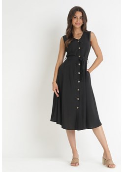 Czarna Trapezowa Sukienka z Wiązanym Paskiem Brystia ze sklepu Born2be Odzież w kategorii Sukienki - zdjęcie 159130933