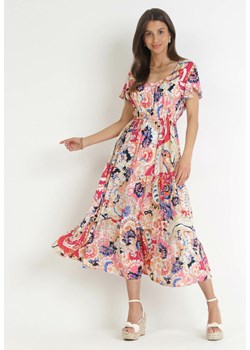 Ciemnoróżowa Wiskozowa Sukienka Midi z Gumką w Pasie i Falbankami Yele ze sklepu Born2be Odzież w kategorii Sukienki - zdjęcie 159133112