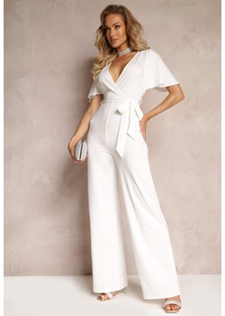 Biały Długi Kombinezon z Wiązaniem i Głębokim Kopertowym Dekoltem Sumya ze sklepu Renee odzież w kategorii Kombinezony damskie - zdjęcie 159133590